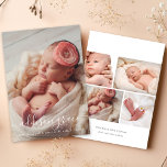 Modern Calligraphy Baby Girl Portrait Photo Birth Announcement<br><div class="desc">Share the arrival of your baby girl with this chic portrait-format photo birth announcement. A stunning full-bleed front photo is overlaid with modern white hand-lettered calligraphy script for baby's name and birth details. The back features a four-picture photo collage and a "Welcomed With Love" message from the parents. Clean, minimalist,...</div>