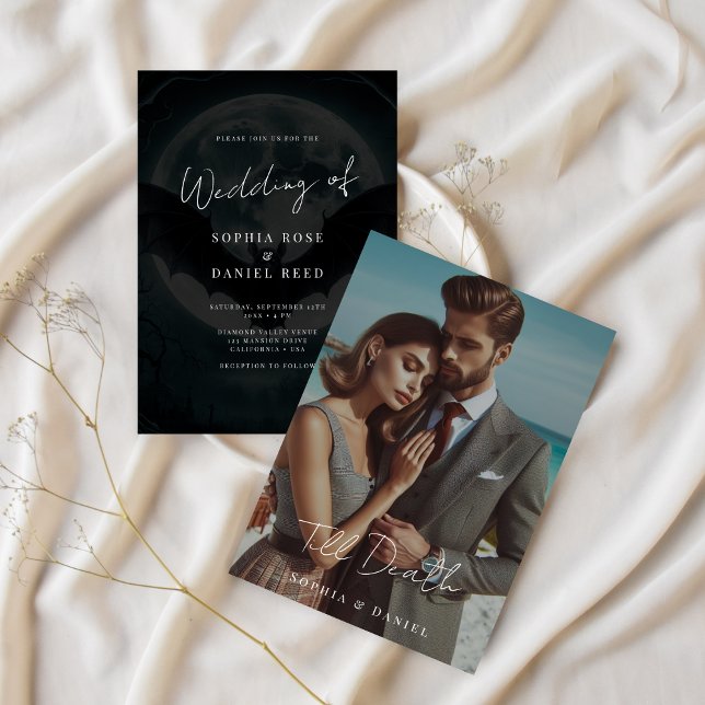 Modern Calligraphy Bats Gothic Wedding Photo Invitation (Creator Uploaded)