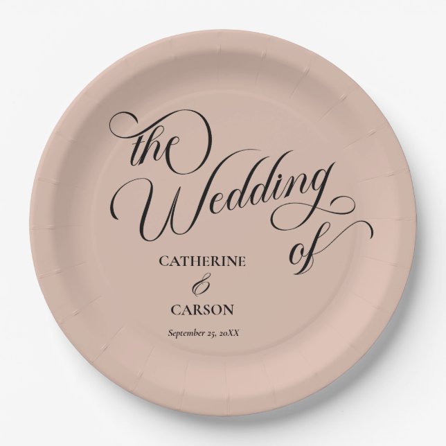 Modern Calligraphy Beige Wedding  Paper Plate (Front)