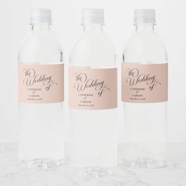 Modern Calligraphy Beige Wedding  Water Bottle Label (Bottles)