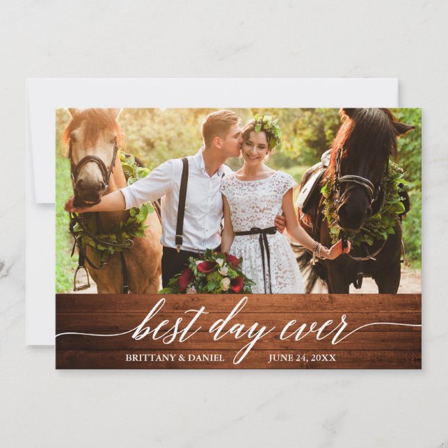 Modern Calligraphy Best Day Ever Wood Wedding Thank You Card (Front)