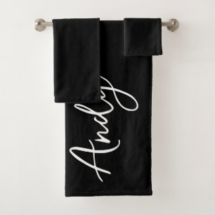 Modern Calligraphy Black Custom Name Bath Towel Set