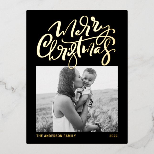 Modern Calligraphy Black Merry Christmas Photo Foil Holiday Postcard (Front)