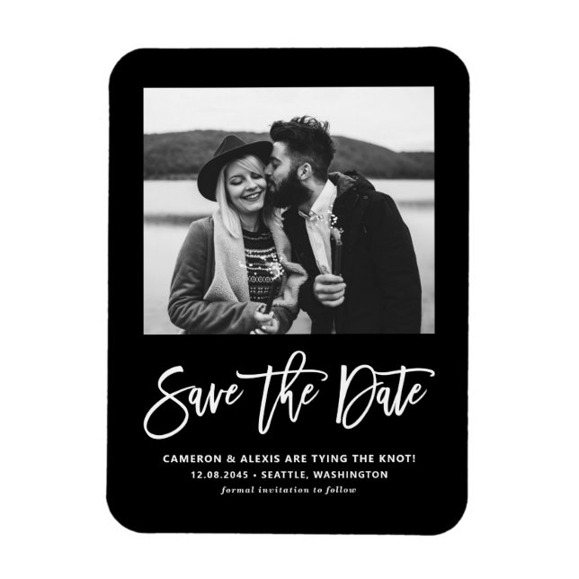 Modern Calligraphy Black Photo Save the Date Magnet (Vertical)