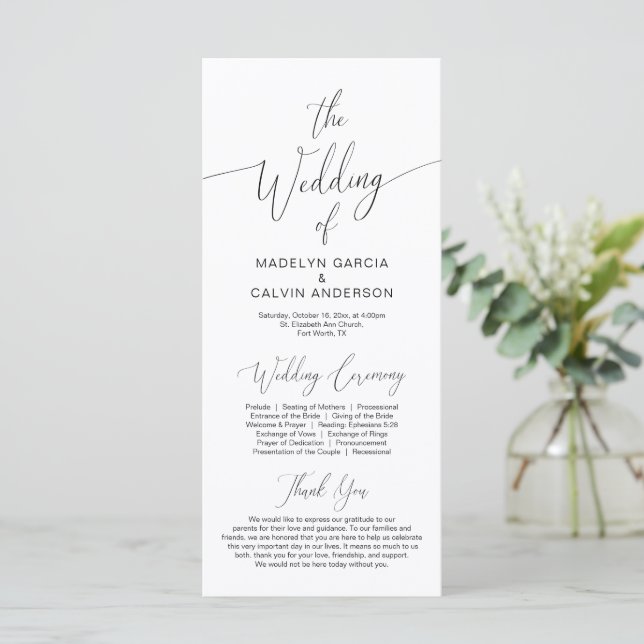Modern Calligraphy, Black Script, Wedding Ceremony Program (Standing Front)