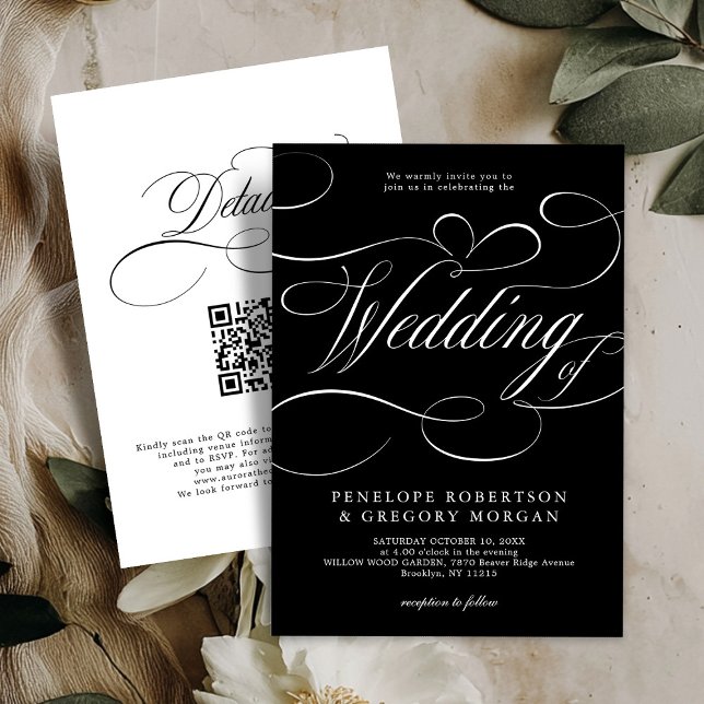 Modern calligraphy black white QR code wedding Invitation (Modern calligraphy black and white QR code on back wedding Invitation)