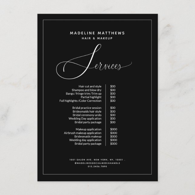 Modern Calligraphy Black White Salon Price List Menu (Front)