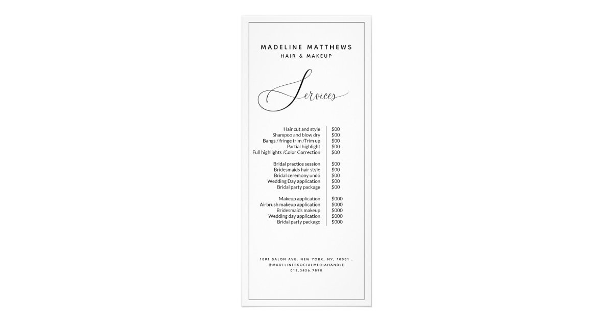 Modern Calligraphy Black White Salon Price List Rack Card Zazzle