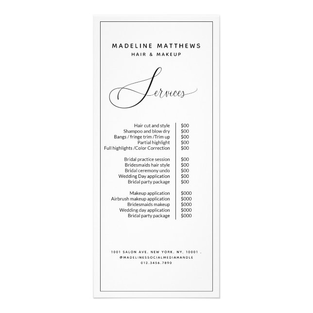 Modern Calligraphy Black White Salon Price List Rack Card (Front)