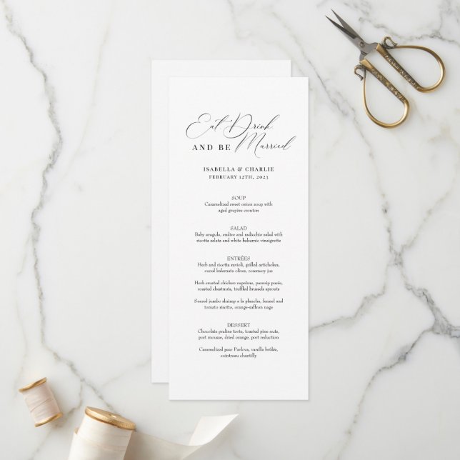 Modern Calligraphy Black & White Wedding Menu (Front/Back In Situ)