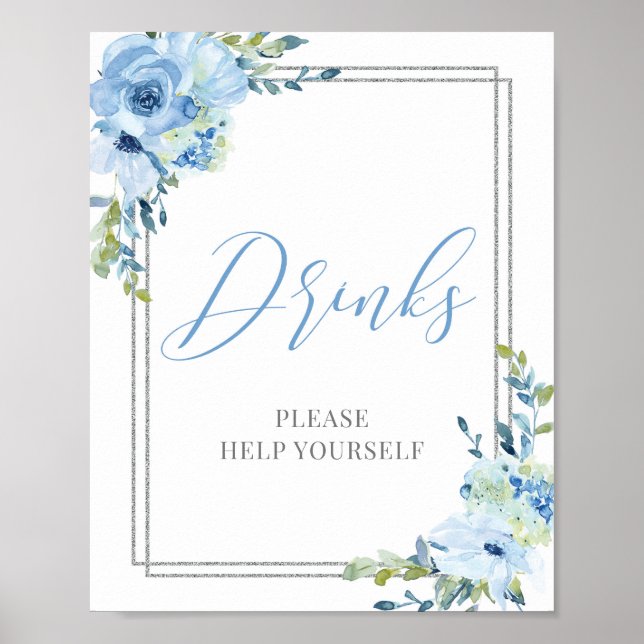 Modern calligraphy blue floral silver drinks sign (Front)