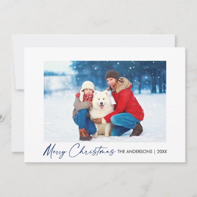 Modern Calligraphy Blue Ink Script Christmas Photo Holiday Card (Front)