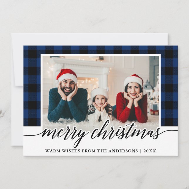 Modern Calligraphy Blue Plaid Photo Christmas Holiday Card (Front)