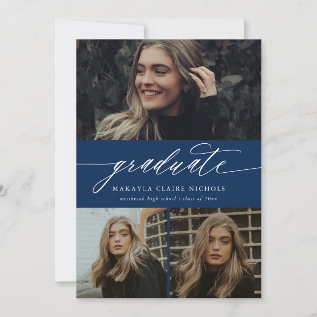 Modern Calligraphy Blue Three Photo Graduation Invitation (Front)