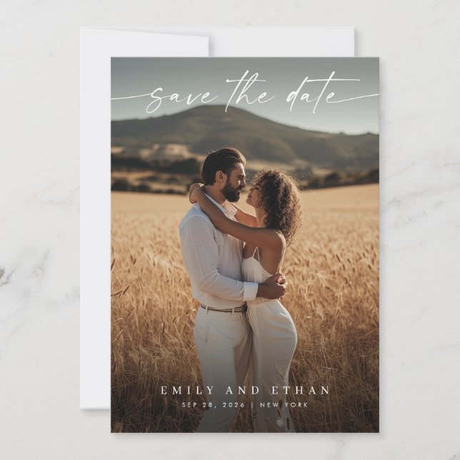 Modern Calligraphy Boho QR Code Photo Save The Date (Front)
