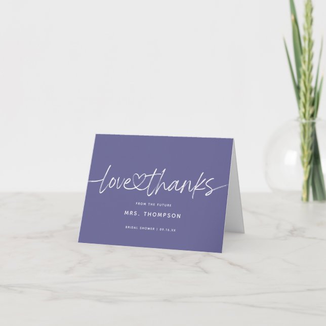 Modern Calligraphy Bridal Shower Purple Folded Thank You Card (Front)
