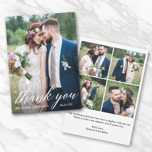 Modern Calligraphy Bride and Groom 5 Photo Wedding Thank You Card
