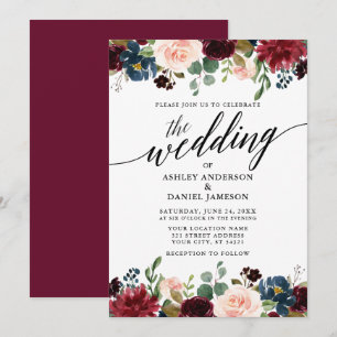 Modern Calligraphy Burgundy Blue Floral Wedding Invitation