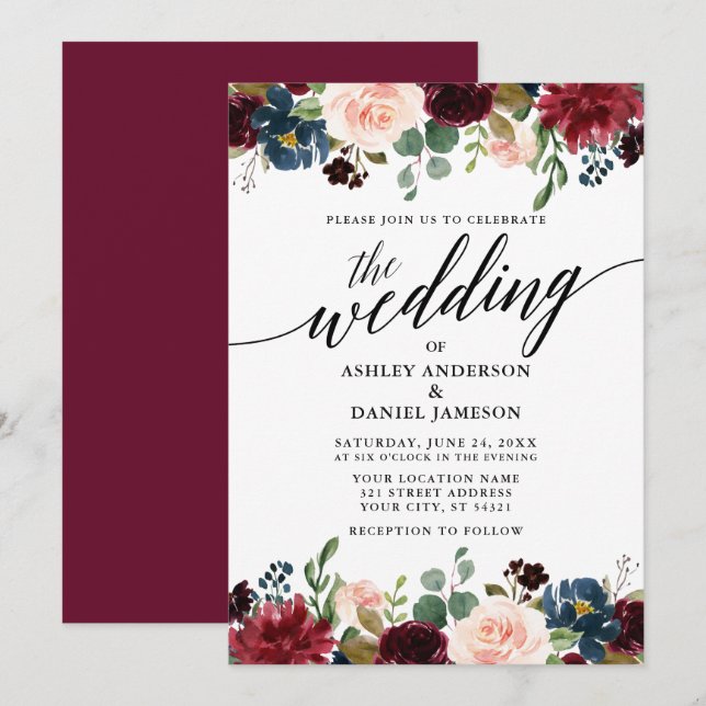 Modern Calligraphy Burgundy Blue Floral Wedding Invitation (Front/Back)