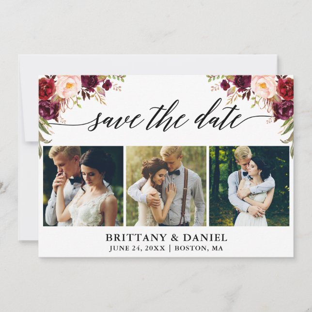 Modern Calligraphy Burgundy Floral 3 Photo Save The Date (Front)
