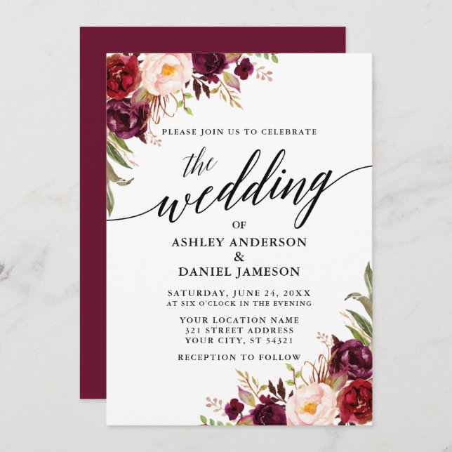 Modern Calligraphy Burgundy Floral Wedding Invitation (Front/Back)