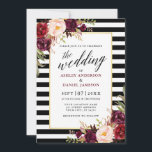 Modern Calligraphy Burgundy Floral Wedding Striped Invitation<br><div class="desc">Modern Elegant Calligraphy Script Wedding Invitation - Watercolor Burgundy Marsala Floral,  Black and White Stripes with Gold Frame</div>
