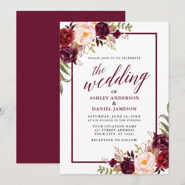 Modern Calligraphy Burgundy Frame Floral Wedding Invitation (Front/Back)