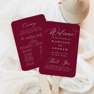 Modern Calligraphy Burgundy Wedding Program Hand Fan