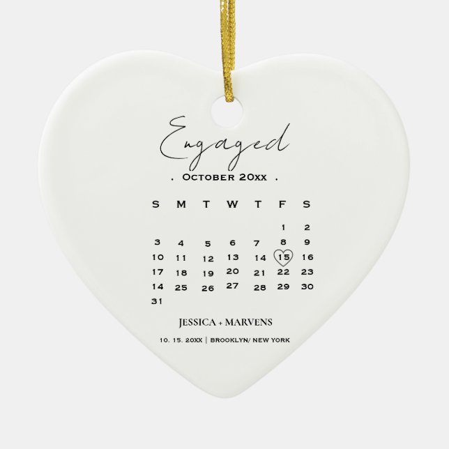 Modern Calligraphy calendar nonphoto Engaged Ceramic Ornament (Front)