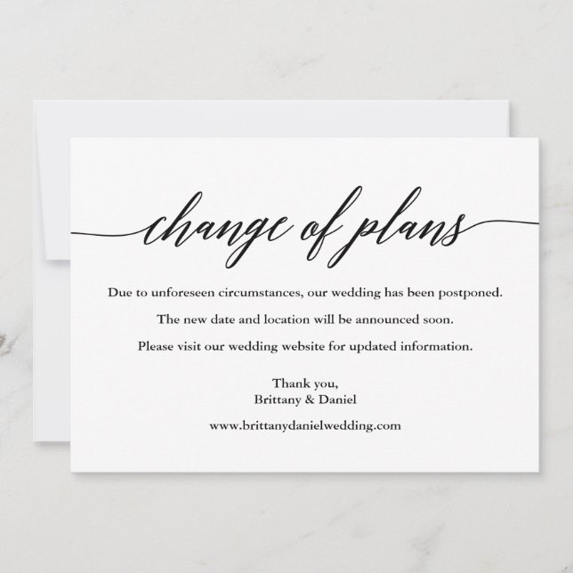 Modern Calligraphy Change of Plans Wedding Card (Front)