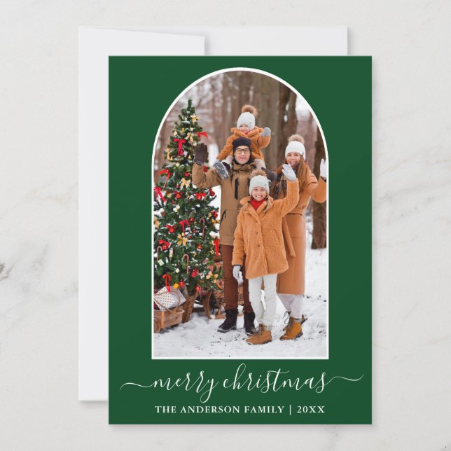 Modern Calligraphy Christmas Photo Arch Green Holiday Card (Front)