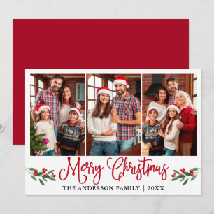 Modern Calligraphy Christmas Red Holly 3 Photo Holiday Card