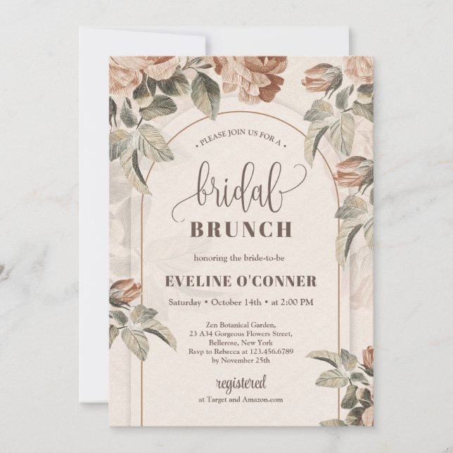 Modern calligraphy copper roses sage arch invitation (Front)