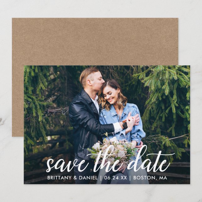 Modern Calligraphy Couple Photo Wedding Kraft Save The Date (Front/Back)