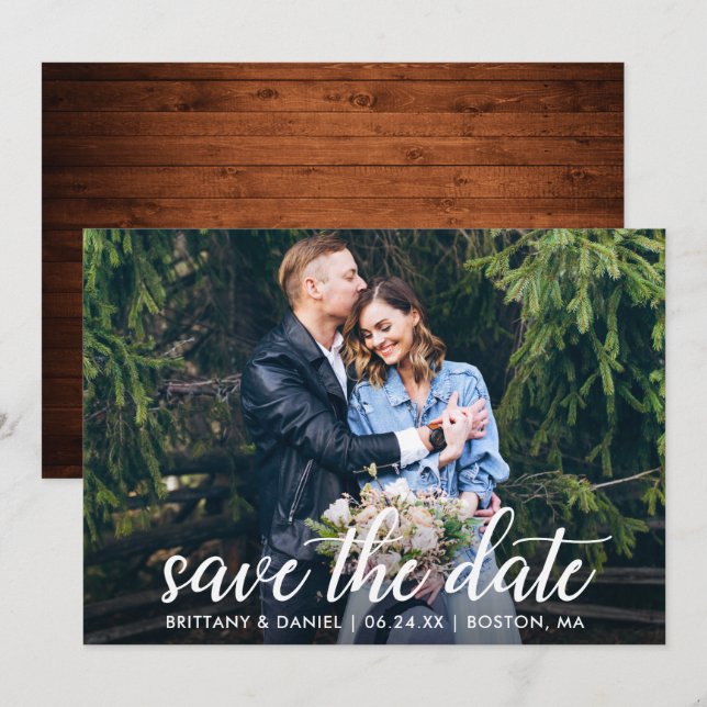 Modern Calligraphy Couple Photo Wedding Wood Save The Date (Front/Back)