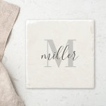 Modern Calligraphy Custom Family Name Monogram Stone Coaster<br><div class="desc">Custom-designed stone coasters featuring personalized monogram and family name in modern hand calligraphy.</div>