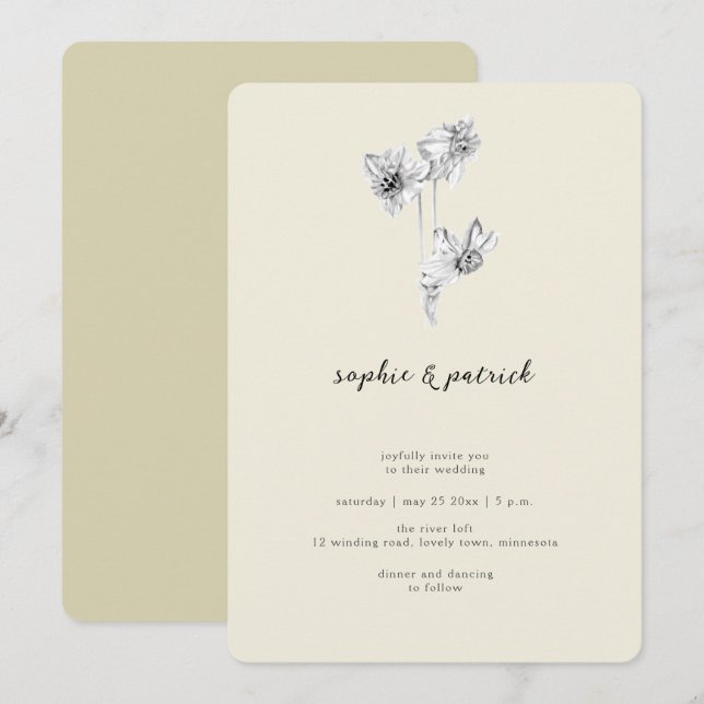 Modern Calligraphy Daffodil Minimal Spring Wedding Invitation (Front/Back)