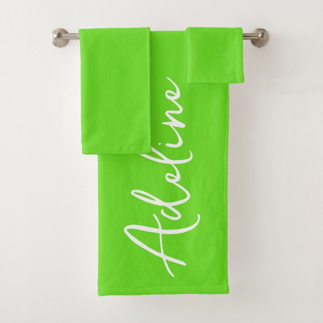 Modern Calligraphy Electric Green Custom Name Bath Towel Set (Insitu)