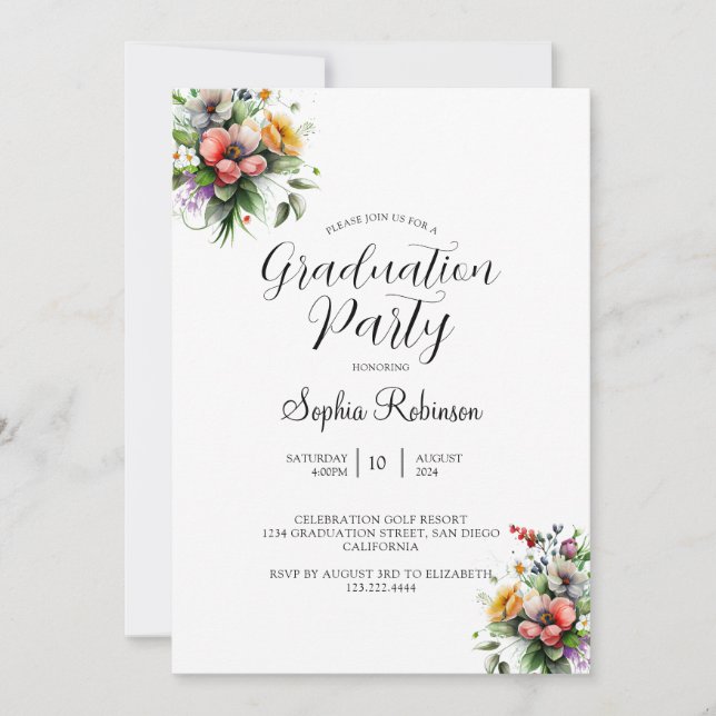 Modern Calligraphy Elegant Floral Grad Party  Invitation (Front)