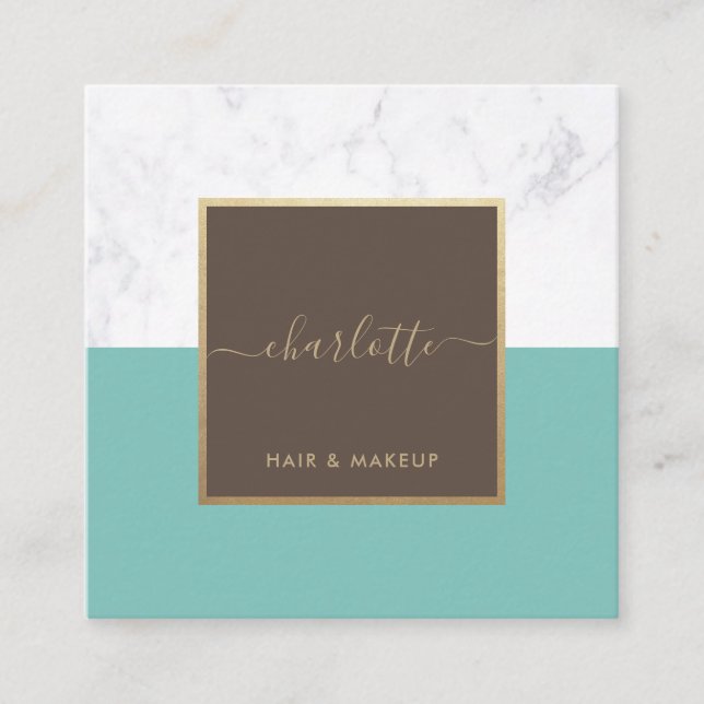 Modern Calligraphy Elegant Gold Brown & Teal Square Business Card