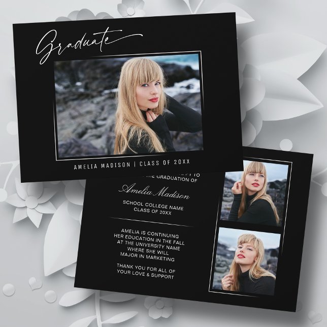 Modern Calligraphy Elegant Ink Script 3 Photo Grad Announcement (Creator Uploaded)