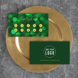 Modern Calligraphy Emerald Green Bokeh Lights Loyalty Card