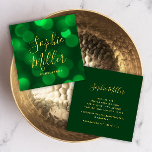 Modern Calligraphy Emerald Green Bokeh Lights Square Business Card