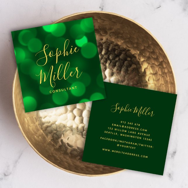 Modern Calligraphy Emerald Green Bokeh Lights Square Business Card (Creator Uploaded)