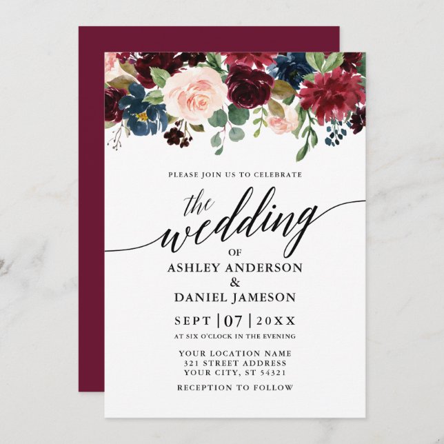 Modern Calligraphy Floral Burgundy Blue Wedding Invitation (Front/Back)