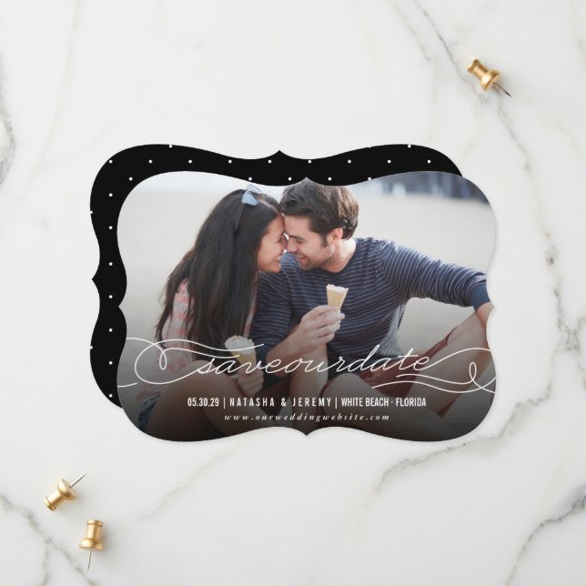 Modern Calligraphy Flourish White Script Photo Save The Date (Front/Back In Situ)