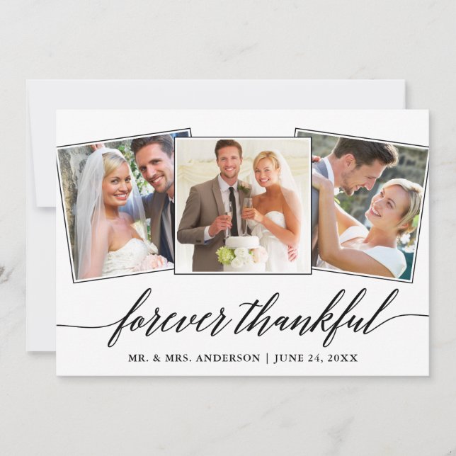 Modern Calligraphy Forever Thankful 3 Photo Thank You Card (Front)