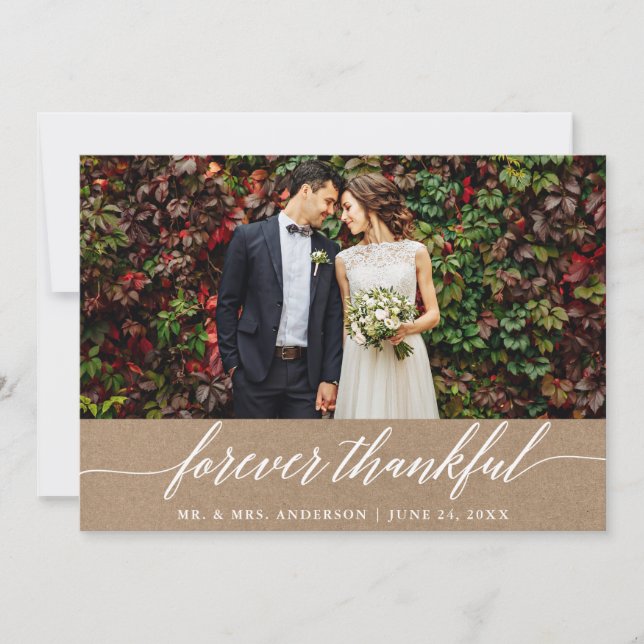 Modern Calligraphy Forever Thankful Wedding Kraft Thank You Card (Front)
