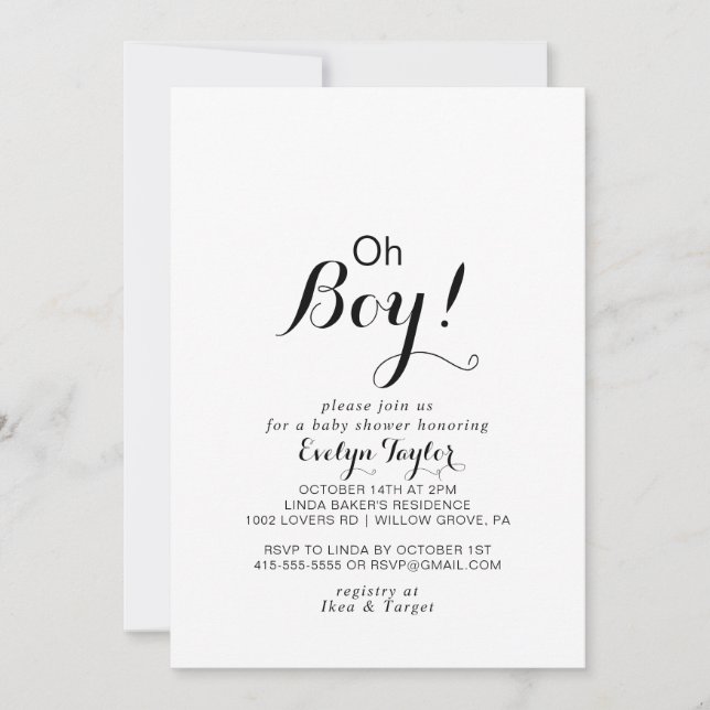 Modern Calligraphy Formal Oh Boy Baby Shower   Invitation (Front)