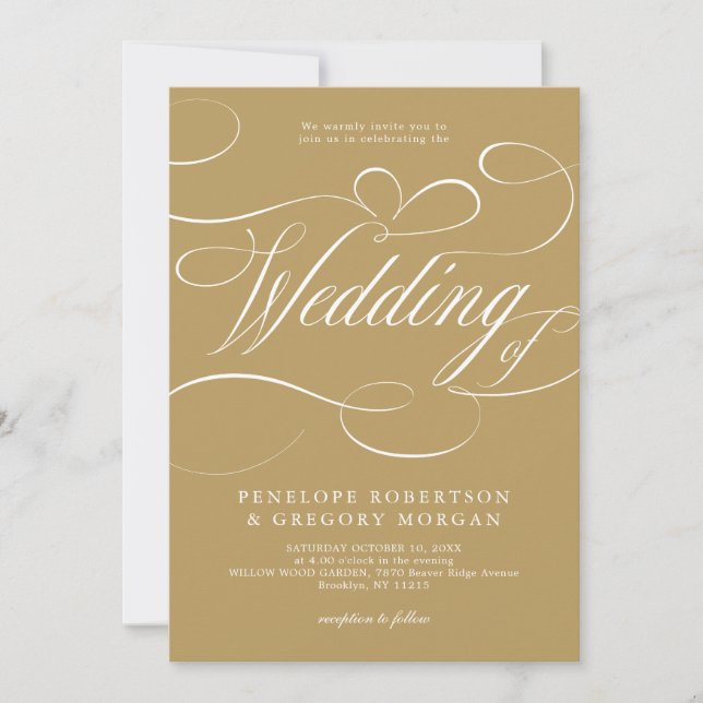 Modern calligraphy gold white QR code wedding Invitation (Front)